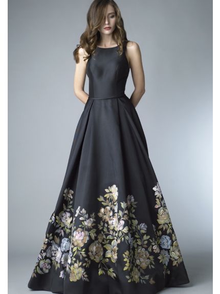 Floral Print Satin Evening Gown