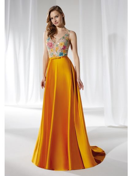 Beaded Flowers Satin Evening Gown