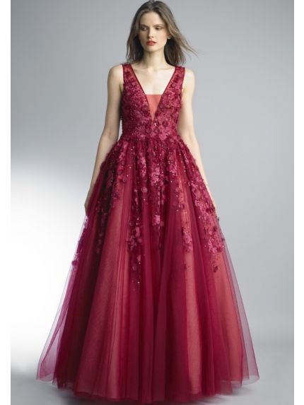 Beaded Floral Tulle Evening Gown