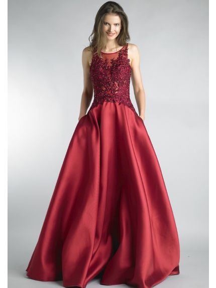 Embroidered Satin Evening Gown