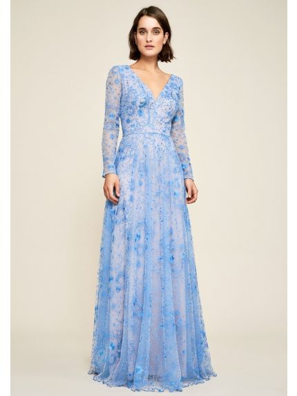 Embroidered Long Sleeve Evening Dress