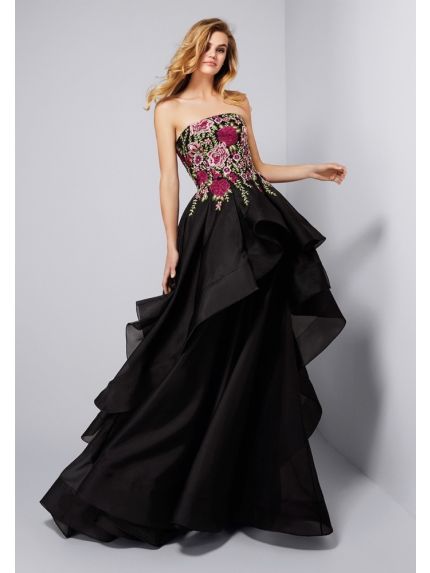 Embroidered Ruffle Evening Gown