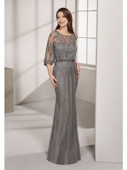 Embellished Sheer Sleeve Evening Gown