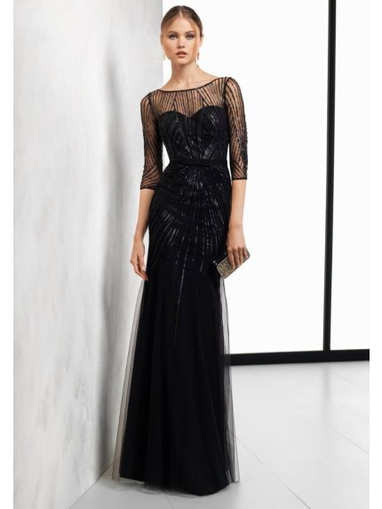 Beaded Sheer Sleeve Tulle Gown
