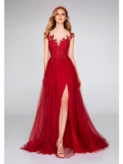 Embroidered Tulle Slit Gown