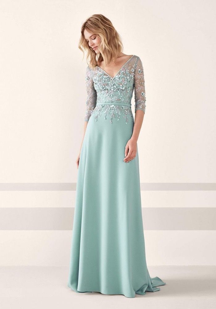 Pronovias Jerez Beaded Sheer Sleeve Green Evening Gown HK | LMR Weddings