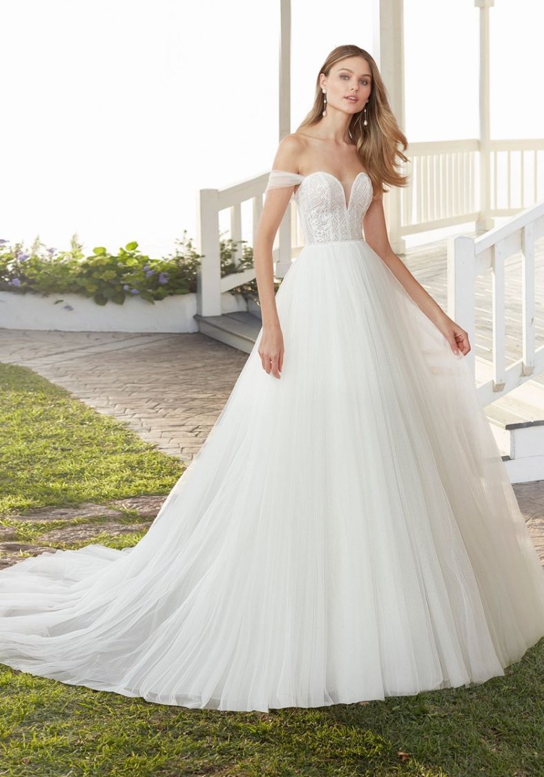 sachin and babi light blue dress Rosa Clara Cordia Off-Shoulder Embroidered Wedding Dress HK